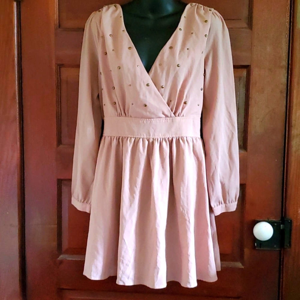 Tan Mini Long-sleeved Studded Dress Charming Charlie with Stretchable Waist